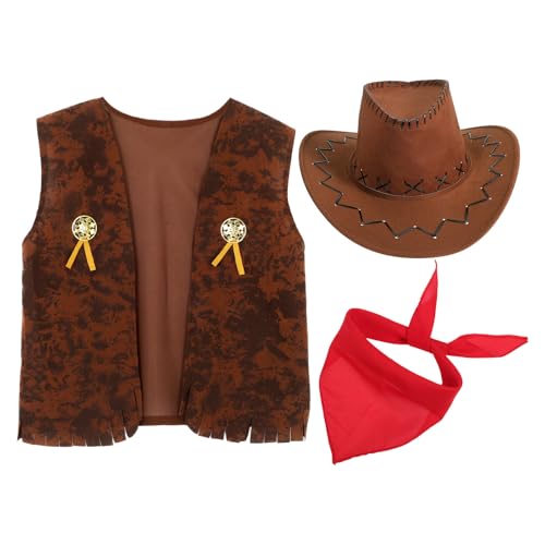 ibasenice Costume Western Uomo Gilet Cappello Bandana Accessori Outfit Tema Cowboy Set Travestimenti Cosplay Marrone Xl