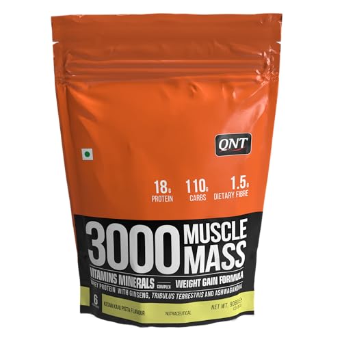 QNT 3000 Muscle Mass Weight Gainer | 18g Protein, 1.5g Creatine, 110g Carbs | 908g, Kesar Kaju Pista | Enriched with Ashwagandha, Ginseng & Tribulus | Supports Muscle Growth & Recovery