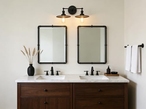 Image of Phansthy 2 Lights Sconce with Switch Matte Black Vanity Light with Dual 7.87 Inches Flat Crafted Light Shade (Matte Black)