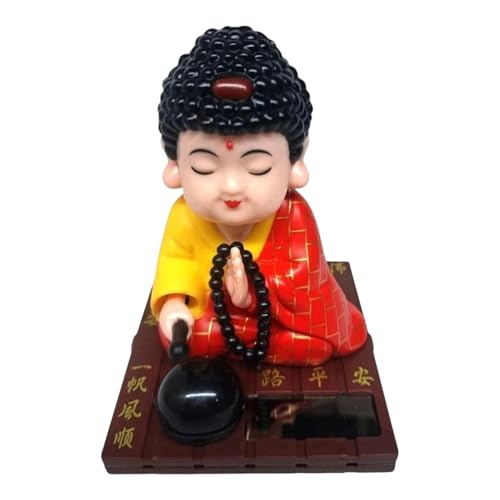 Image of Solar Powered Buddha Bobblehead Decorative Showpiece 9.5 cm | Dancing Buddha Dashboard Toy for Car Office Desk Home Decor | Automatic Solar Energy Moving Figurine (Red)