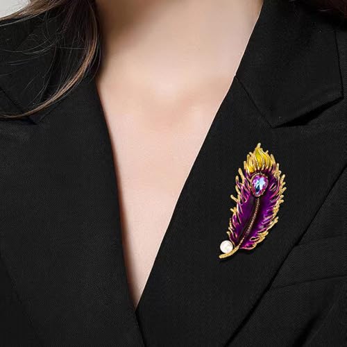 Image of Rhinestone Feather Brooches for Women Men,Vintage Animal Peacock Pin Gold /Silver /Blue / Crystal Diamond Lapel Pins Fashion Enamel Feather Leaf Brooch Elegant Dress Coat Pin Decor Wedding Christmas Birthday Jewelry