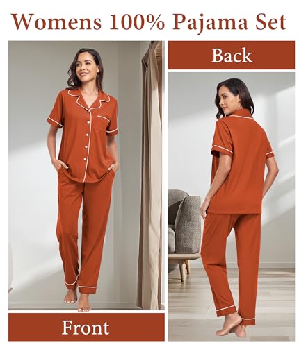 Image of CF Womens 100% Cotton Pajamas Set Button Down Pjs Sets Short Sleeve Top & Long Pants Sleepwear Comfy Loungewear with Pockets