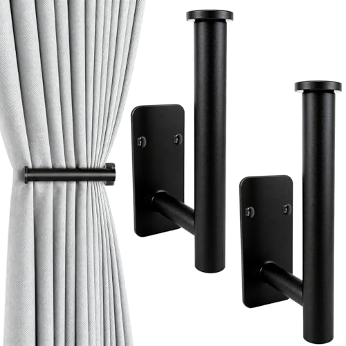 YUFFQOPC 2Pcs Curtain Holdbacks L Shaped Curtain Tie Backs Self Adhesive or Drill Stainless Steel Tie Backs for Curtains or Items (Black)