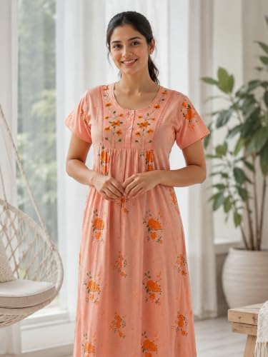 Image of 9shines Label Stylish Cotton Blend Embroidered Maxi Nightdress for Women with Pocket| Full Length Nightwear| Premium Nightdress| Comfortable Nightwear(5256)