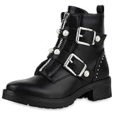 biker boots schwarz nieten  SCARPE VITA Damen Stiefeletten Biker Boots Nieten Schnallen Leder-Optik Schuhe Bikerstiefel Booties Zierperlen 174821 Schwarz 38