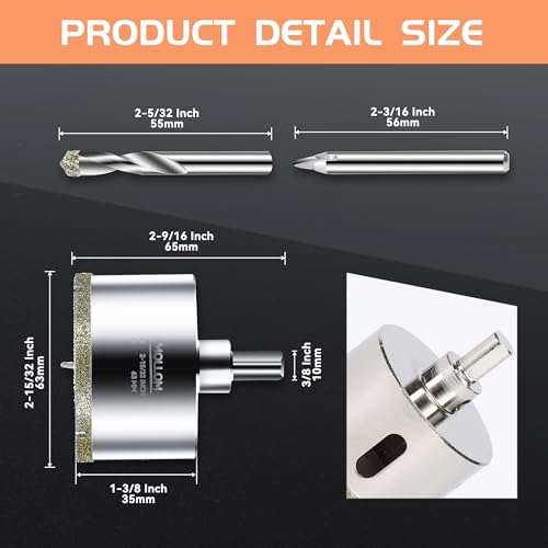 Image of MOLLOM 2-15 /32 inch (63mm) Diamond Hole Saw with 2 Pilot Drill Bit | Tile Hole Saw Smooth Cutting Porcelain Tiles,Ceramic,Marble,Granite