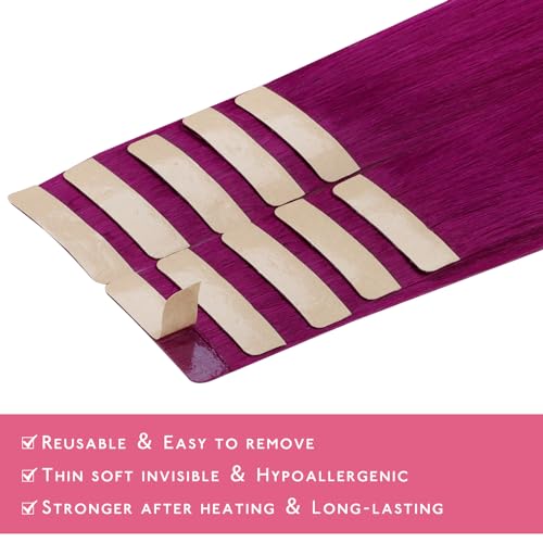 Image of WENNALIFE Tape in Hair Extensions Human Hair Violet Tape in Extensions, 10pcs 30g 26 inch Remy Invisible Tape Ins Straight Colored Soft Real Human Hair Tape in Extensions Refill Set Extensions
