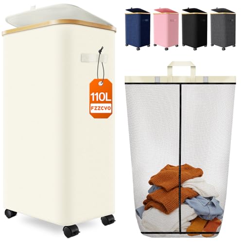 Image of Laundry Hamper with Wheels, 110L Large Clothes Hamper with Removable Inner Bag, Collapsible Dirty Clothes Basket for Dorm, Rolling Dirty Clothes Basket for, Bedroom, Bathroom, Laundry Room