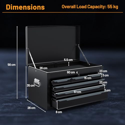 COSTWAY 6 Drawer Tool Box, Lockable Metal Tool Chest with Top Storage Tray, Automatic Lock, 2 Keys, Ball Bearing Runners, EVA Liners & Carry Handle, Portable Toolbox Storage Cabinet (Black) - Image 7