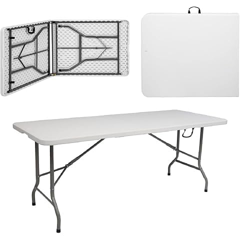 Tavolo Pieghevole Rettangolare 180x75x74 cm a Valigetta – Piano in HDPE Resistente, Struttura Metallo Verniciato, Portata 180 kg – Camping, Mercato, Giardino