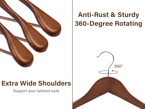Image of Extra Wide Shoulder Wooden Coat Hangers | Heavy-Duty Wooden Hangers for Clothes | Non-Slip Suit Hanger with 360 Swivel Hook | Solid Wood Hanger for Coats & Jackets (4, Walnut)