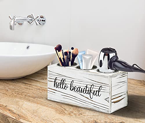 Rustic Wood Hair Dryer Holder Wall Mounted, Wooden Hair Tools and Styling Supplies Organizer, Vintage Bathroom Organizer Countertop for Curling Iron, Hair Styling Tools & Accessories Organizer…