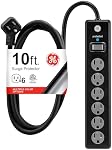 GE 6-Outlet Surge Protector, 10 Ft Extension Cord, Power Strip, 600 Joules, Twist-to-Close Safety Covers, Protected Indicator Light, UL Listed, Black, 37442