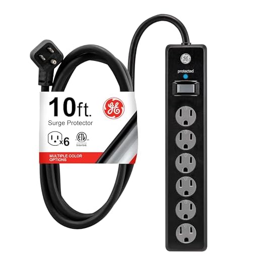 GE 6-Outlet Surge Protector, 10 Ft Extension Cord, Power Strip, 600 Joules, Twist-to-Close Safety Covers, Protected Indicator Light, UL Listed, Black, 37442