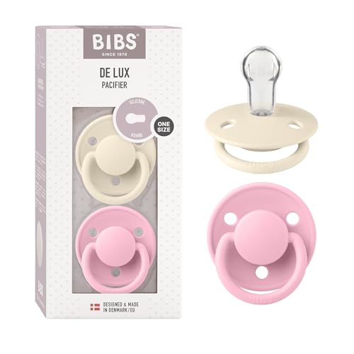 Image of BIBS De Lux Baby Pacifier 2-Pack | Made in Denmark | BPA Free Dummy Soother, Round Nipple. Silicone, OneSize (0-36 Months), Ivory /Baby Pink