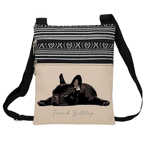 Cartoon French Bulldog Messenger Bag Small Ethnic Pattern Printed Adjustable Strap Crossbody Zipper Bag Cartoon French Bulldog Phone Bag Wallet Cute Shoulder Handbag for Women
