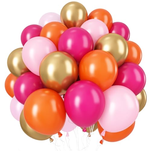 Image of Pink and Orange Balloons, 60Pcs 12 Inch Hot Pink Orange Gold Party Balloon for Summer Tropical Theme Graduation Girls Women Birthday Wedding Bridal Baby Shower