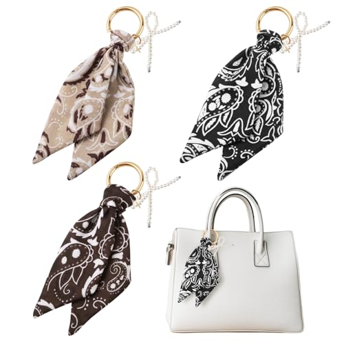 FineCheer 3 Pcs Bag Charms Keychain Paisley Bandana and Pearl Bow for Purse Handbags Bag Accessories(Black Brown Light Brown)