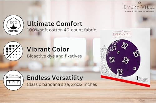 EVERY-VILLE Where EVERYone is Welcome 1 Pack Cotton Bandana for Women Men Gift Packaging - Cowgirl Cowboy Accessory Headband Scarf Neckerchief - Large Paisley Hair Face Covering