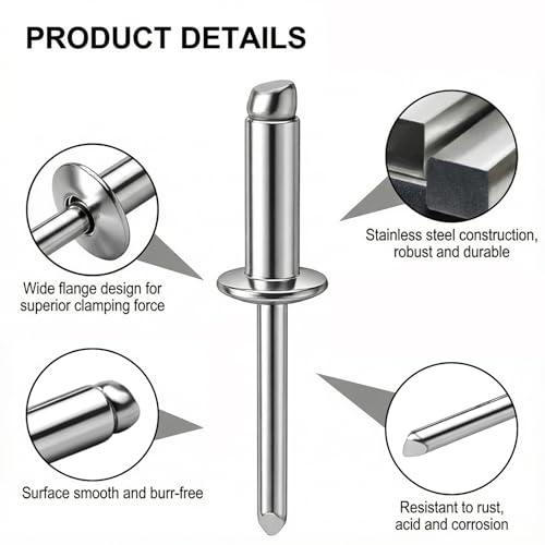 qjuwhua 100 Stück Blindnieten 4.8x12mm 304 Edelstahl Nieten mit Großem Flansch Silber Kuppelkopf Popnieten für Metall Holz Kunststoff Möbel Auto Marine Verbindung und Befestigung