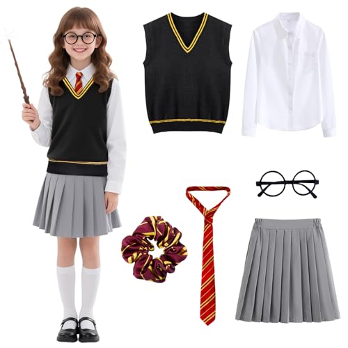 yumcute Zauberer kostüm Kinder 155 6 Stück Magische kostüm set für Mädchen mit Hemd Rock Weste Krawatte Brille Haarband Halloween Fasching Karneval Party Cosplay Outfit