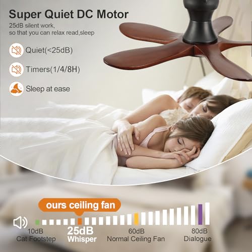 Image of 36 Inch Wood Flush Mount Ceiling Fans with Lights and Remote, Dimmable 5 Blade Wood Bedroom Ceiling Fan Outdoor Ceiling Fans for Patios Low Profile Ceiling Fan with Light for Bedroom Indoor