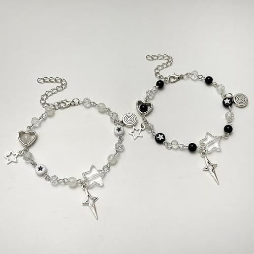 Caiyao Y2K Cool Punk Hollowed Out Pentagram Matching Beaded Bracelet Handmade Guitar Star Pendant Bracelet Aesthetic Imitation Pearl Beads Bracelet for Couples Friends BFF Jewelry Gifts2