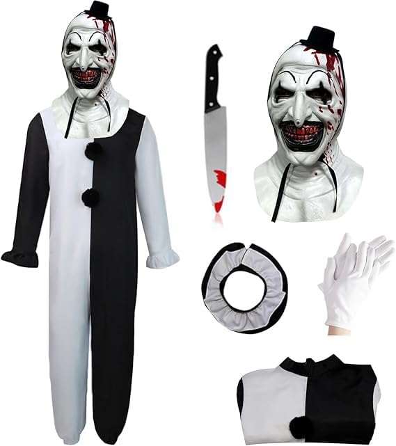 SINSEN Costume da terrificante per bambini, tuta da clown, maschera con coltello finto e guanti, costume da clown...