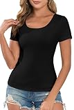 DSPSAM Women's Summer Scoop Neck Short Sleeve Underscrub Woment-Shirts Ribbed Knit Slim Fitted Casual Basic Top Black Large