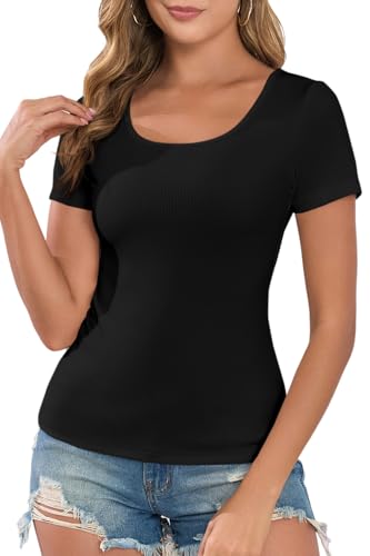 DSPSAM Women's Summer Scoop Neck Short Sleeve Underscrub Woment-Shirts Ribbed Knit Slim Fitted Casual Basic Top Black Large