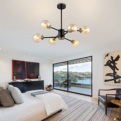 Wingbo 6-Light Modern Chandelier, Sputnik Pedant Light Fixture With Large Amber Glass Globe Shade For Flat And Slop Ceiling, Height Adjustable For Kitchen Living Room Dining Room Bedroom, Black #TOP7