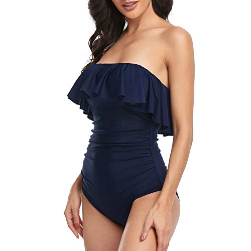 Smismivo Flounce Strapless Swimsuits for Women Bandeau Ruched Ruffle Bathing Suits One Piece Tummy Control Slimming Swimwear4