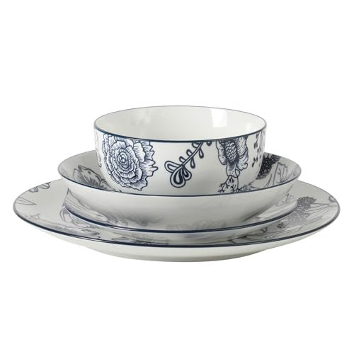 Image of Gibson Home Westerly Court 16-Piece Dinnerware Set, Blue Floral Stoneware Plates & Bowls, Service for 4, Round Durable Everyday Dish Set