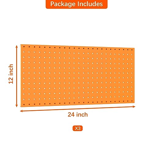 Image of TORACK 3 PCS Metal Pegboard Panels(12x24 inch) for Wall Garage Tools Storage Pegboard for Workbench, Modular Peg Board Tool Organizer Board Kit(Pack of 3, Orange)