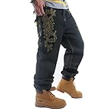 Crazy Men's Hip Hop Embroidery Graphic Baggy Jeans Loose Pants-34 Black