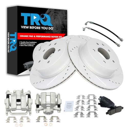 Image of TRQ Performance Rear Brake Pad and Rotor Set Ceramic Slotted Drilled Coated Rotors Calipers Compatible with 2006-2009 Infiniti M35 2006-2009 M45