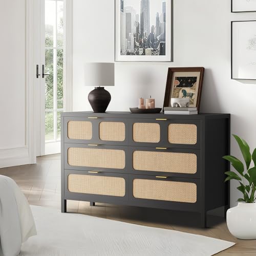 6 Drawer Dresser, Rattan Dresser for Bedroom with Metal Handles, Farmhouse Wood Storage Chest of Drawers for Bedroom, Living Room, Hallway, Entryway, Black