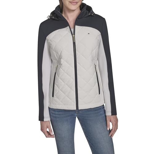 Tommy Hilfiger Chaqueta deportiva acolchada para mujer, color blanco brillante multicolor, talla L