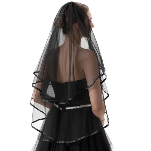 JYSNOW 60-80 cm Brautschleier 2 stufiger Tüll Brautschleier mit Kamm Schleier Ribbon Edge für JGA Junggesellinnenabschied Hochzeit Schleier Hen Party (Schwarz)
