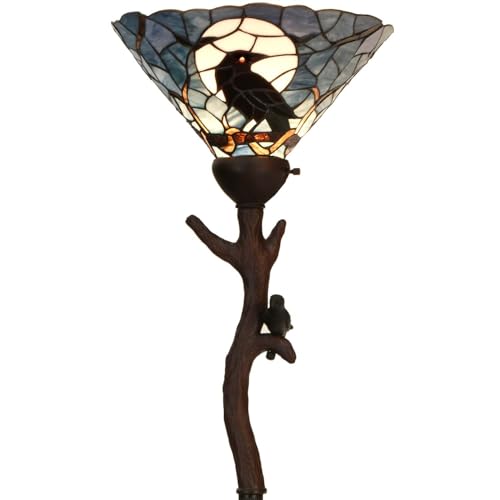 Bieye L10959 Raven Sitting on Bare Tree Branch in Full Moon Night Tiffany Style Stained Glass Torchiere Floor Lamp for Halloween Decor (Dark Blue)