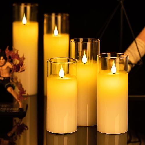 Da by Flameless Candles with Glass Effect H 13/14/16/18/20 cm Set of 5 Drip-Less Real Wax Pillars Include Realistic Dancing LED Flames and 10-Key Remote Control with 24-Hour Timer Function - Image 3