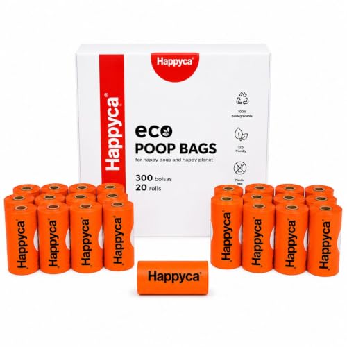 Happyca Bolsas Caca Perro Biodegradables, 300 bolsas Antifugas, 20 Rollos, Facil Separacion, Premium