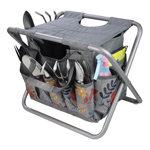 MDSTOP Folding Gardening Stool with Detachable Storage Tote Bag, Gardening Tools Set Organizer for Fishing Outdoor Sports Hiking Camping Garden, Gardening Gifts for Mom/Dad, Without Tools (Aluminum) Cover