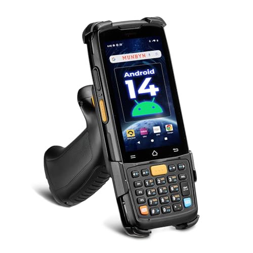 MUNBYN Android 14 Barcode Scanner with Pistol Grip,Equipped with Honeywell HS7 QR Scanner, 4GB+64GB Handheld PDA, 4-inch Touchscreen, IP65 Rugged, 5000mAh for Inventory Warehouse Logistics MC005P