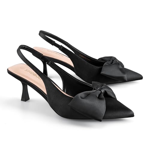 Women's Bow Slingback Heels Pointed Toe Kitten Pumps Dress Shoes with Elastic Strap - 2.4'' Inches Height4