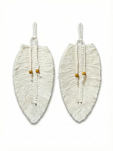 Image of JH Gallery Macrame Leaf Wall Decor Hanging, Bohemian Cotton Rope Handmade Tapestry, Home Decor Tapestry for Bedroom, Living Room and Office (Pack of 2) (White)