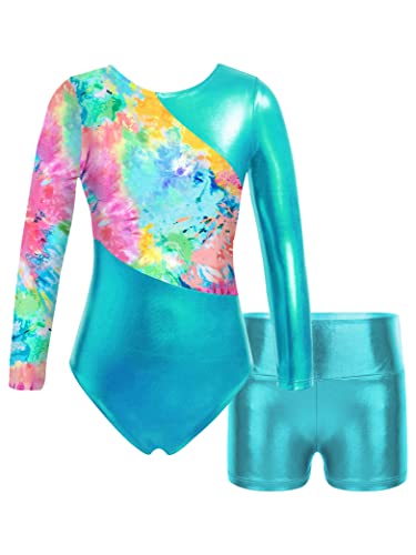 Kids Girls Long Sleeve Gymnastics Leotards with Shorts Biketard 2 Pieces Ballet Dance Outfits Tracksuit Aquamarine 6 Years