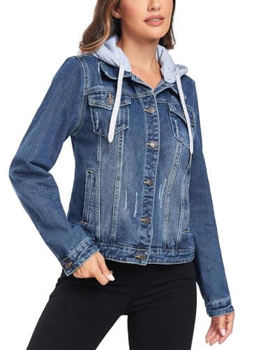 Anienaya Women's Hooded Jean Jacket Drawstring Layered Washed Long Sleeve Detachable Hoodie Denim Jacket w 2 Pockets3