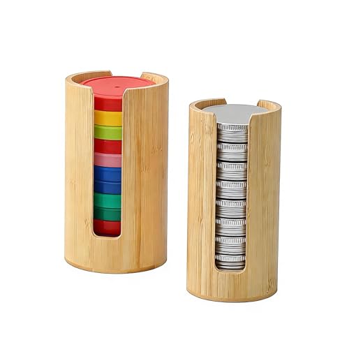 Dobyusf Bamboo Mason Jar Lid Organizer (2-Piece Set) - Stackable Storage Box for Regular & Wide Mouth Canning Lids, Natural Wood Lid Holder with Partition Design