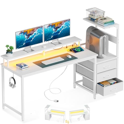 AODK 59 Inch Gaming Desk with USB Charging Ports & LED Light- Reversible Computer Desk with Storage Shelves & Monitor Stand, Modern Gamer Desk Table with Fabric Drawers & Side Hook, Carbon Fiber White
